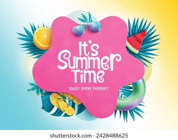 Summer time text vector template. It's summer time greeting text in pink space with palm leaves floaters, lemon, sunglasses and flipflop elements for tropical season background. Vector illustration 