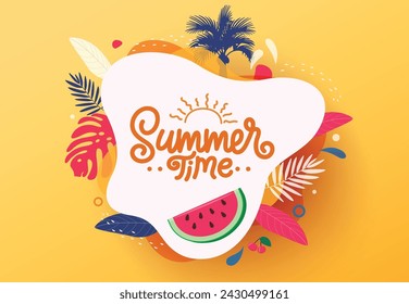 Summer time text vector template. Summer time greeting text in white space with water color and abstract tropical elements decoration in yellow background. Vector illustration summer time greeting 