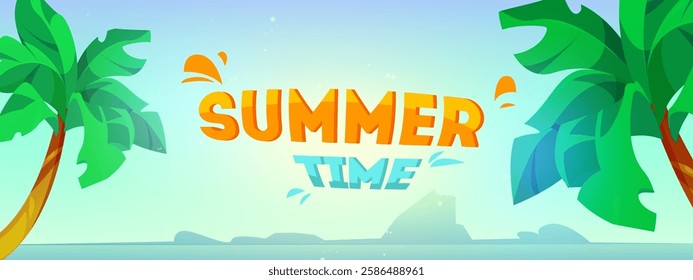 Summer time text vector template design. Summer time greeting text with palm trees and sea on abstract background. Vector illustration summer time background