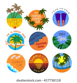 Summer time theme colorful logos. vector graphic art shapes set: palm tree, sun, beach, airplane, sunset, jungle and flippers.