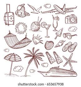 Summer time theme in hand drawn style. Vector doodles icon set