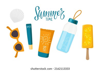 Summer time. Things necessary on beach for health. Sunscreen cosmetics, water bottle, sunglasses, ice cream, shell. Product for Summer Protection set. Cartoon vector illustration. Sun collection.