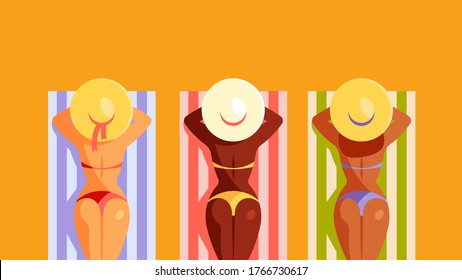 Summer time. Three women sunbathing. Sunbathing on the beach. Modern vector illustration with copy space.