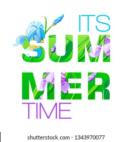Summer Time Title in a Background with flower irises. Negative space trend. Vector summer natural placard, poster, flyer, banner invitation card.