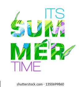 Summer Time Title in a Background with flower irises. Negative space trend. Summer natural placard, poster, flyer, banner invitation card.