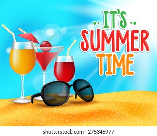 Summer Time Title in Sand and Horizon Background with Drinks or Cocktail Glasses and Shades for Party in Beach Sea Shore. Editable vector Illustration.