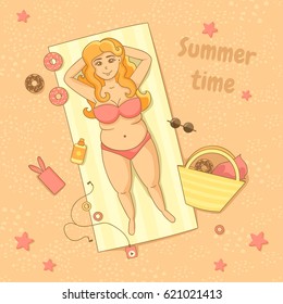 Summer time. Top view on sexy girl, sun glasses, bag, donuts, phone on sea sand. Vector illustration in cartoon style. Beautiful summer vacation background. 