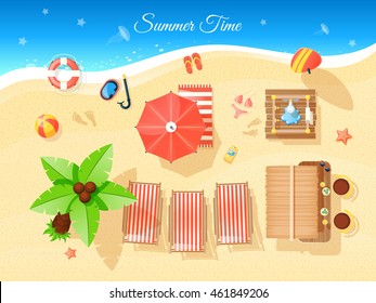 Summer time top view with umbrella palm and sea flat vector illustration 