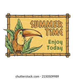 Summer time. Toucan with tropical leaves. Tropic background with bird for print and hawaii tiki bar