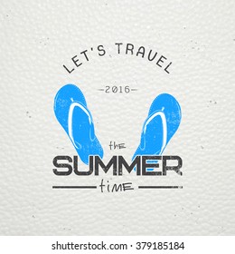 Summer time. Tourist agency. Travel around the world. Detailed elements. Old retro vintage grunge. Scratched, damaged, dirty effect. Typographic labels, stickers, logos and badges. Flat vector