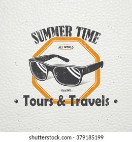 Summer time. Tourist agency. Travel around the world. Detailed elements. Old retro vintage grunge. Scratched, damaged, dirty effect. Typographic labels, stickers, logos and badges. Flat vector