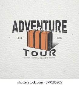 Summer time. Tourist agency. Travel around the world. Detailed elements. Old retro vintage grunge. Scratched, damaged, dirty effect. Typographic labels, stickers, logos and badges. Flat vector