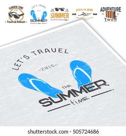 Summer time. Tourist agency. Travel around the world. Detailed elements. Old retro vintage grunge. Scratched, damaged, dirty effect. Typographic labels stickers logos and badges. Mockup style