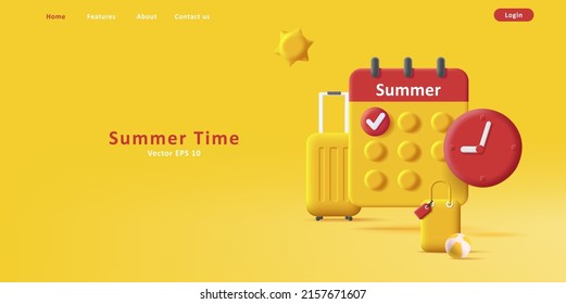 Summer time travel 3d yellow sunny illustration with calendar and suitcases. Vector illustration