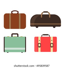 Summer time travel bag set. Trip baggage tourism vacation insulated travel bag vector set. Business handle leather retro journey suitcase travel bag voyage holiday tourist luggage.