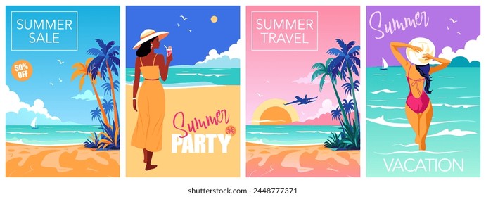 Tiempo de verano y diseño de concepto de viaje. Conjunto de póster con playa tropical