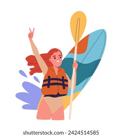 Concepto de viaje de verano. Mujer con tabla de surf y remo. Turismo y viaje. Vacaciones. Plantilla y diseño. Ilustración plana del vector de la historieta aislada sobre fondo blanco