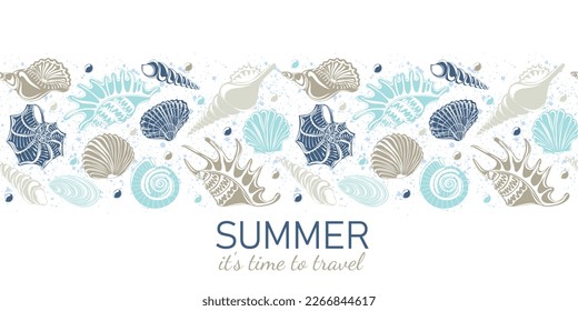 Summer it's time to travel. Horizontal seamless background with different seashells on a white background. Vector illustrations