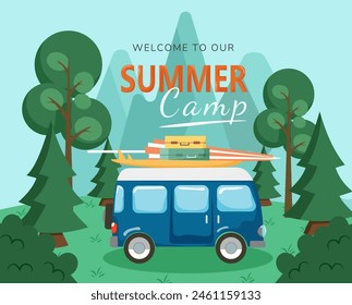 summer time. Time to travel red car with luggage bags, surfboard on the beach. Tropical , palms, sea, ocean. Vector illustration retro cartoon