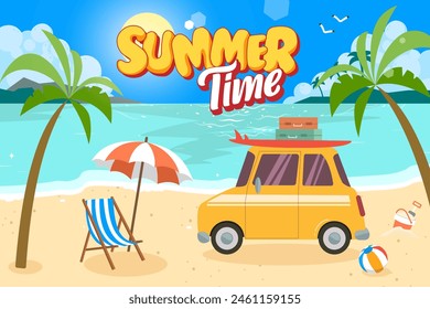 summer time. Time to travel red car with luggage bags, surfboard on the beach. Tropical , palms, sea, ocean. Vector illustration retro cartoon