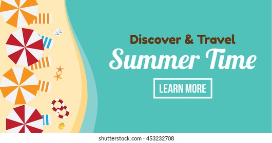 summer time travel. take a rest at beach umbrella. bird eyes view illustration. vector banner