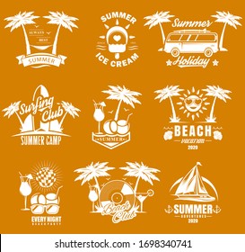 Summer time travel vintage logo, label, badge set, vector illustration. Surfing summer camp, bus trip, beach club, disco night party white emblems on orange background.