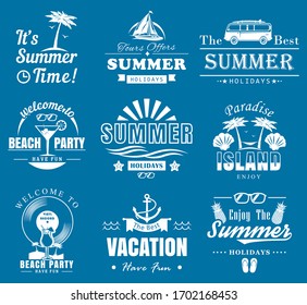 Summer time travel vintage logo, label, badge set, vector illustration. Summer holidays, cruise vacation, beach party, road trip white emblems on blue background.