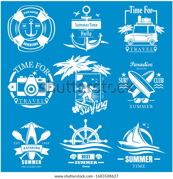 Summer time\
travel vintage logo, label, badge set, vector illustration.\
Surfing, kayaking summer camp, sea cruise, yacht trip, voyager\
adventure white emblems on blue\
background.