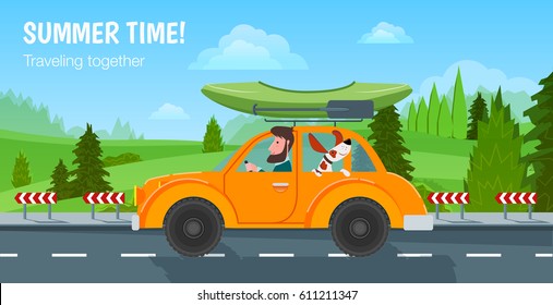 Summer time! Traveling together. A man and his dog riding in the car on the road and driven canoe