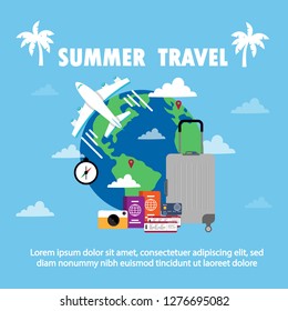 It’s Summer Time to Travel.Trip to World. Travel to World. Vacation. Road trip. Tourism. Travel banner. Journey. Travelling illustration. Modern flat design.