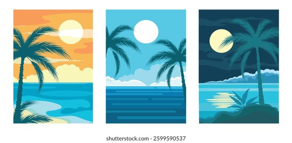 Summer time tropic landscape banner template set. Palm tree sea cloud sky in minimalistic style vector illustration