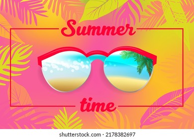 Summer time tropical background with beach reflection glasses. Bright resort concept for poster, web baner design.