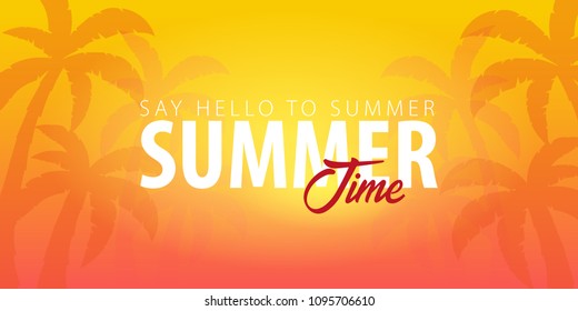 Summer Time tropical background with palms and sunset. Summer placard poster flyer invitation card. Summer time. Vector