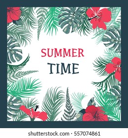  Summer Time Tropical Background With Tropical Plants And Flowers. Greeting card for Summer vacation theme .