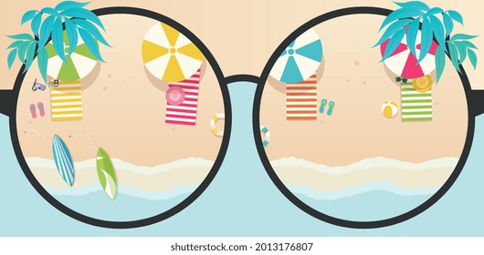 Summer time tropical background, sea and beach. Panorama of  sea with waves and seating area through sunglasses.