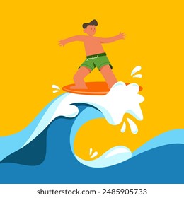 Summer time tropical climate holiday concept with young surfer surfing surfboard on sea flat design. Design element can be used of background, backdrop, print, poster, banner, vector illustration