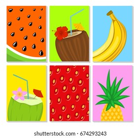 summer time tropical fruits close up poster templates set with watermelon, strawberry texture,pineapple, banana,green and brown coconuts drinks