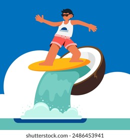 Summer time tropical holiday concept with young surfer surfing surfboard flat design style. Design element can be used of background, backdrop, wallpaper, print, poster, banner, vector illustration