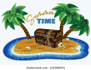 Summer time tropical island with treasure chest card , vector illustration