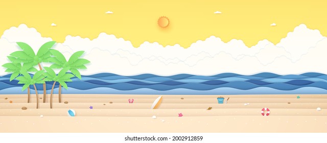 Summer Time, tropical landscape, coconut trees and summer stuff on beach with wavy sea, bright sun and orange sunny sky, paper art style