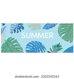 Summer time tropical leaves summer banner design blue background
