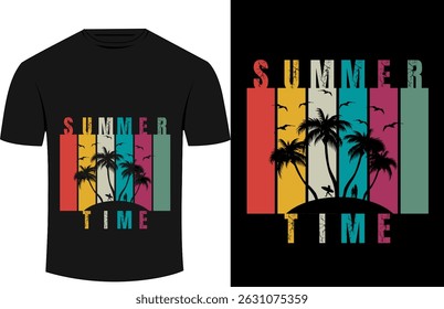 Summer time t-shirt design with palm trees, birds, and vibrant color stripes.