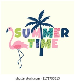 Summer time t-shirt design.Flamingo and palm tree vector print.