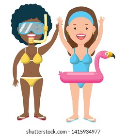 summer time two women with float and snorkel vector illustration