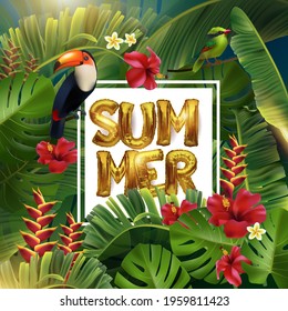 Summer Time Typographic Background With gold 3d foil letters on the background of tropical realistic leaves, plants, birds. Design for T-shirt, advertising, banner