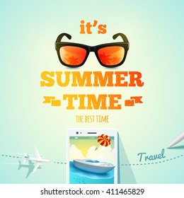 It's summer time typographic inscription on summer objects background. Summer poster. Vector illustration