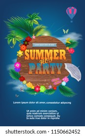 Summer Time typographic on blue. Tropical plants, flower, flip-flops, air balloon, parasol, butterflies, bright sun, clouds. Vector Illustration. Invitation. Summer background layout for banners. vouc