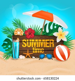 Summer Time typographic on vintage wood background. Tropical plants, flower, beach ball, sunglasses, cocktail and sunshade. Vector illustration