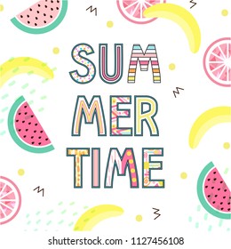 Summer Time Typographical Background With Tropical With Tropical fruits.