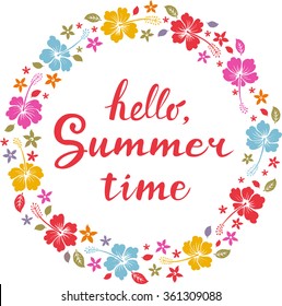 Summer Time Typographical Background With Tropical Flowers